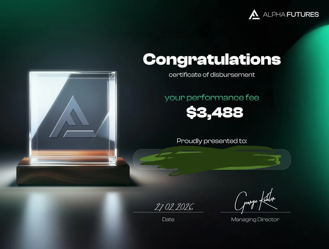 Alpha Futures $3,488 Payout